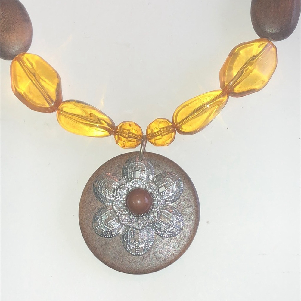 Brown and Yellow Beaded Necklace with Floral Boho Pendant